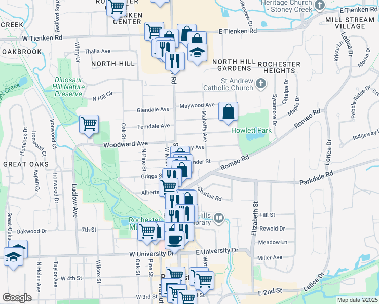 map of restaurants, bars, coffee shops, grocery stores, and more near 122 Terry Avenue in Rochester
