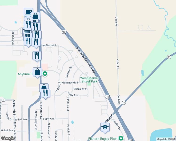 map of restaurants, bars, coffee shops, grocery stores, and more near 907 Susan Court in Elkhorn