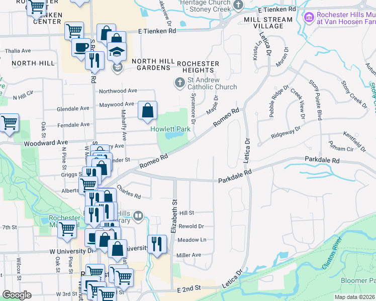 map of restaurants, bars, coffee shops, grocery stores, and more near 500 Romeo Road in Rochester