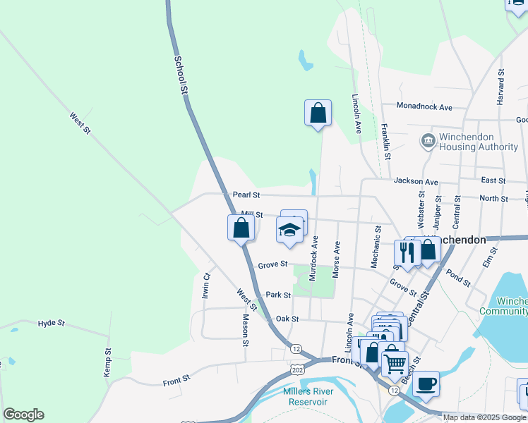 map of restaurants, bars, coffee shops, grocery stores, and more near 173 Mill Street in Winchendon