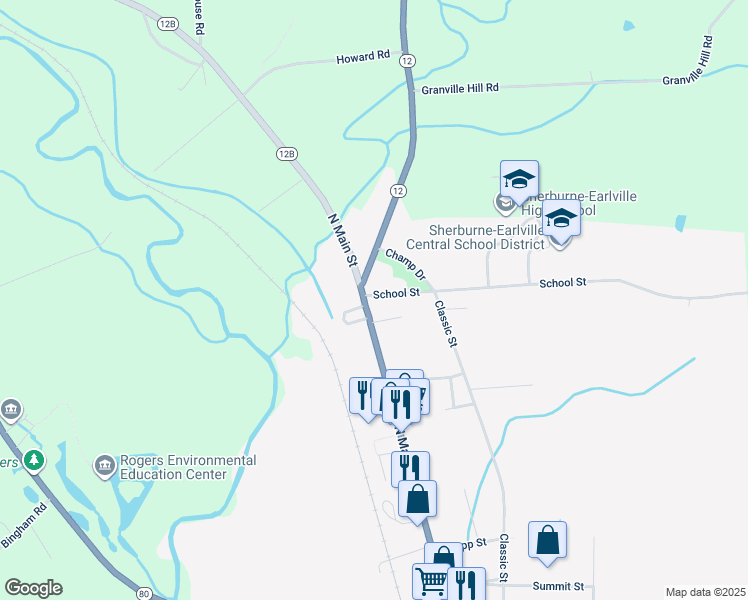 map of restaurants, bars, coffee shops, grocery stores, and more near 2 School St in Sherburne