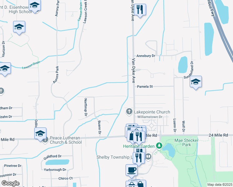 map of restaurants, bars, coffee shops, grocery stores, and more near 7685 Metz Drive in Macomb County