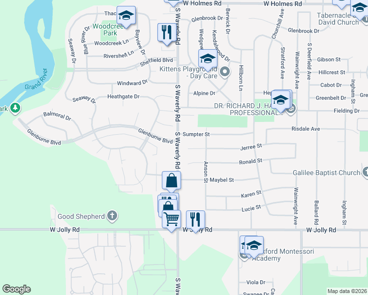 map of restaurants, bars, coffee shops, grocery stores, and more near 3820 Jerree Street in Lansing