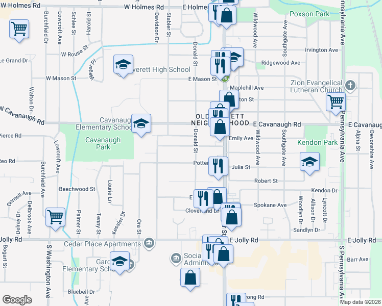map of restaurants, bars, coffee shops, grocery stores, and more near 4510 Donald Street in Lansing