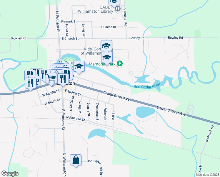 map of restaurants, bars, coffee shops, grocery stores, and more near 616 High Street in Williamston