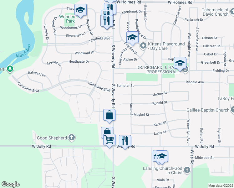 map of restaurants, bars, coffee shops, grocery stores, and more near 3820 Jerree Street in Lansing