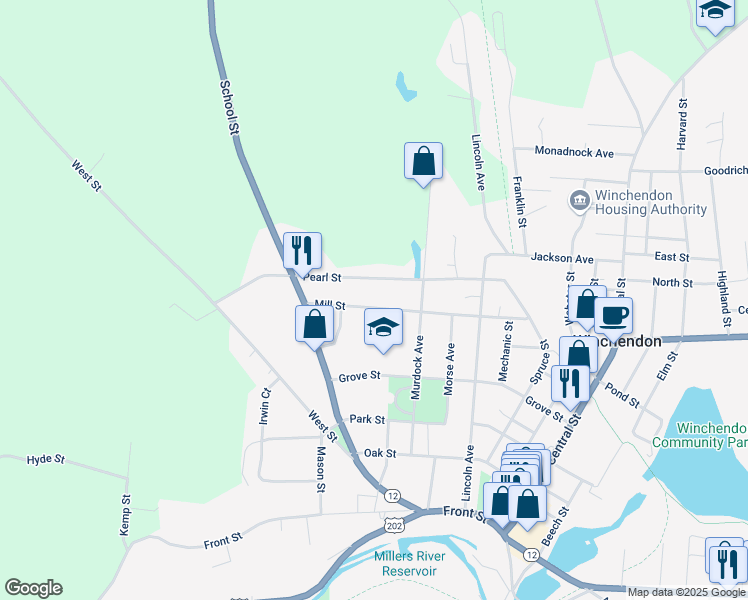 map of restaurants, bars, coffee shops, grocery stores, and more near 141 Mill Street in Winchendon