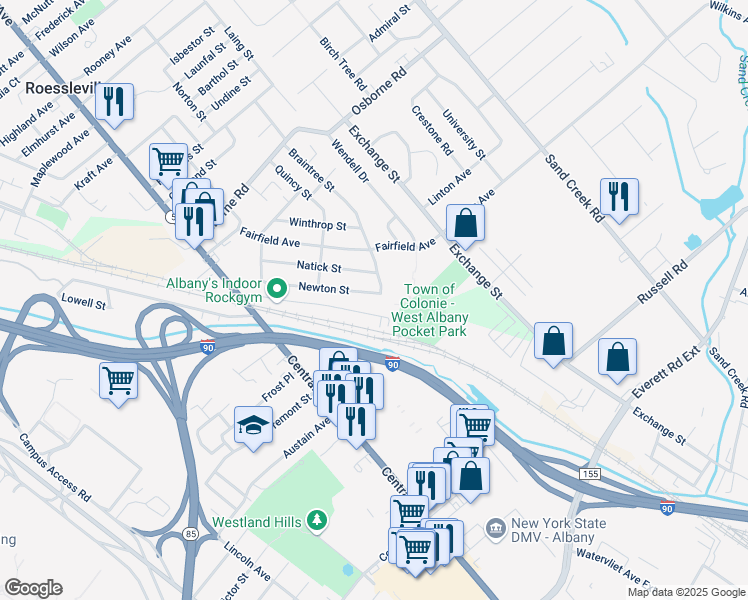 map of restaurants, bars, coffee shops, grocery stores, and more near 92 Newton Street in Albany