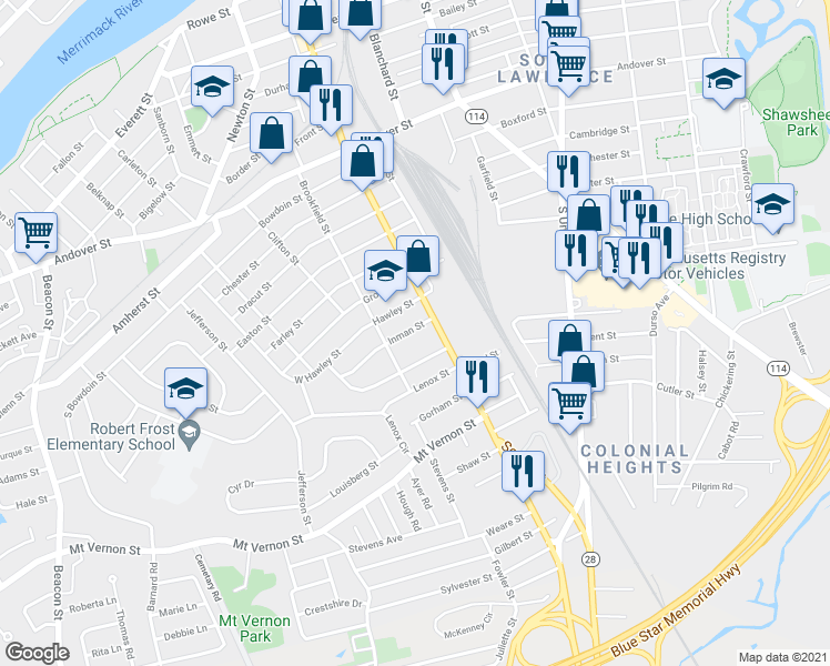map of restaurants, bars, coffee shops, grocery stores, and more near 341 South Broadway in Lawrence