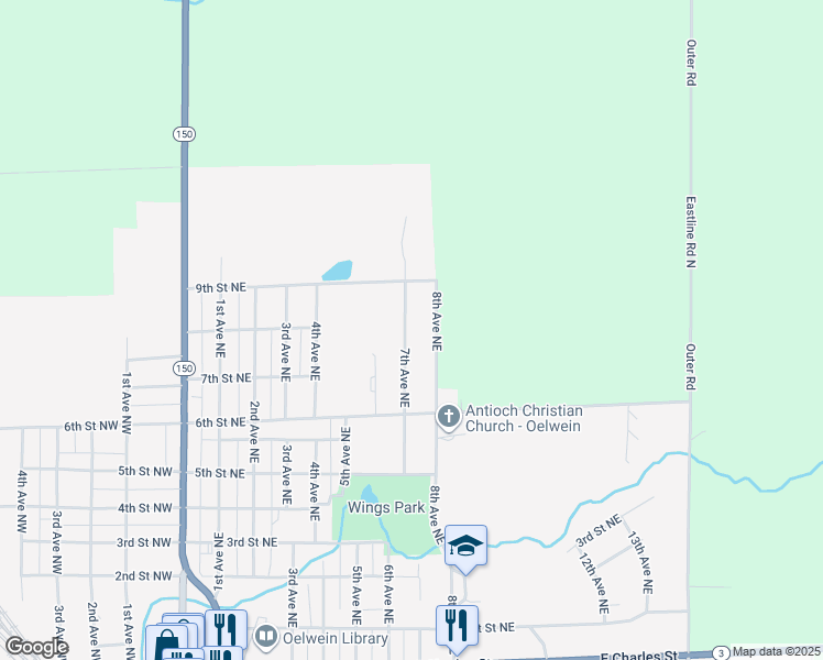 map of restaurants, bars, coffee shops, grocery stores, and more near 800-906 7th Avenue Northeast in Oelwein