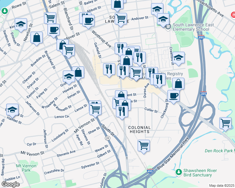 map of restaurants, bars, coffee shops, grocery stores, and more near 45 Kent Street in Lawrence