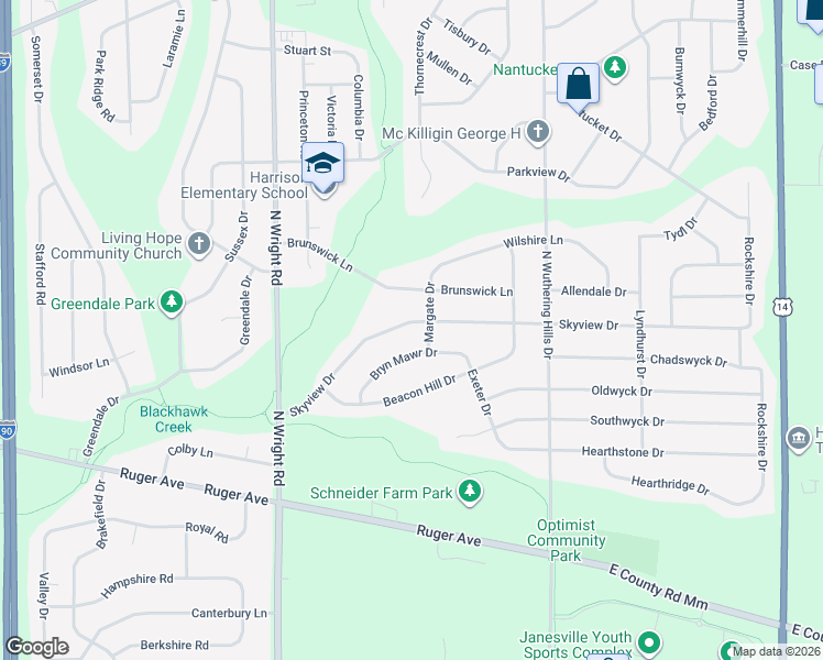 map of restaurants, bars, coffee shops, grocery stores, and more near 3832 Skyview Drive in Janesville