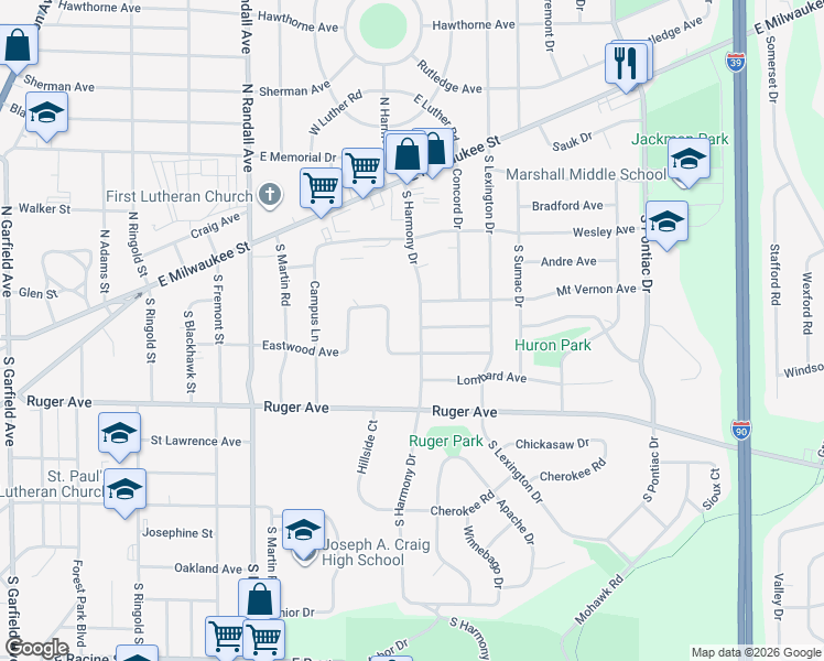 map of restaurants, bars, coffee shops, grocery stores, and more near 70 South Harmony Drive in Janesville