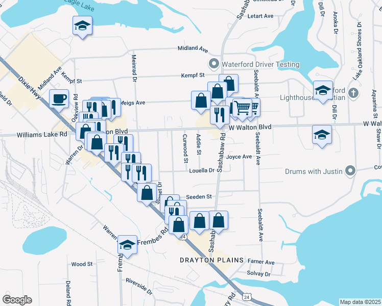 map of restaurants, bars, coffee shops, grocery stores, and more near 3366 Curwood Street in Waterford Township
