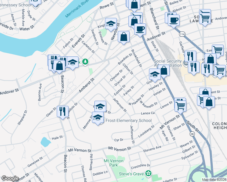 map of restaurants, bars, coffee shops, grocery stores, and more near 17 Dunstable Street in Lawrence