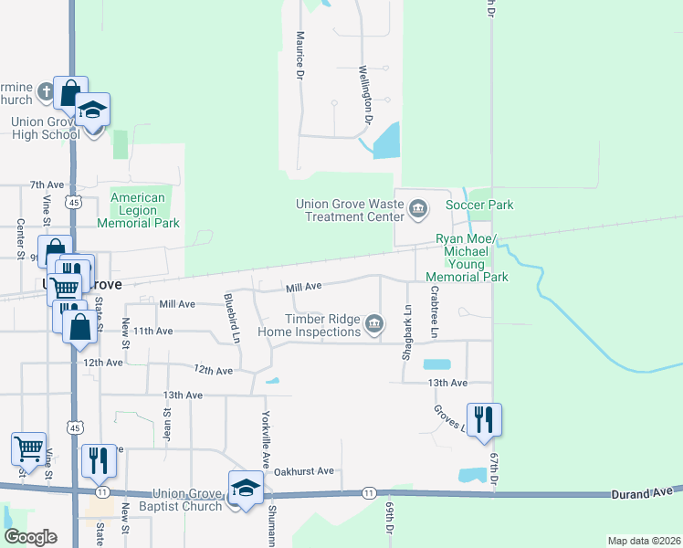 map of restaurants, bars, coffee shops, grocery stores, and more near 180 Mill Avenue in Union Grove