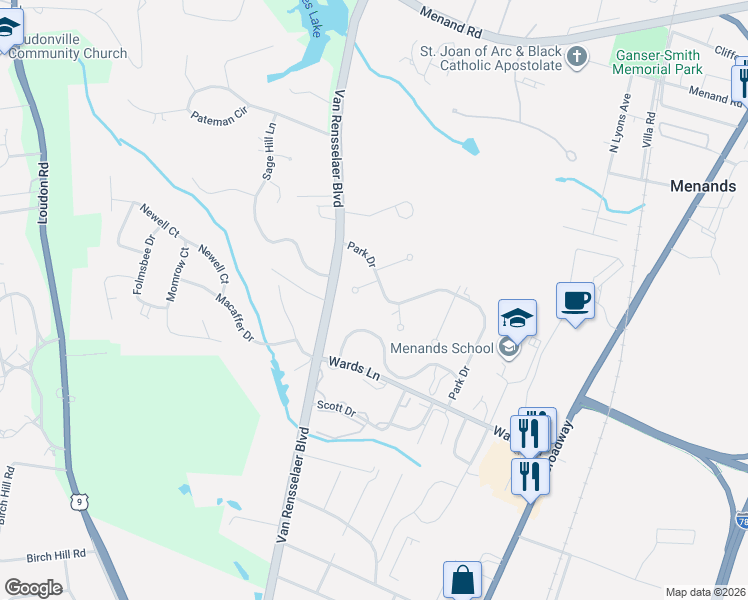 map of restaurants, bars, coffee shops, grocery stores, and more near 28 Park Drive in Menands