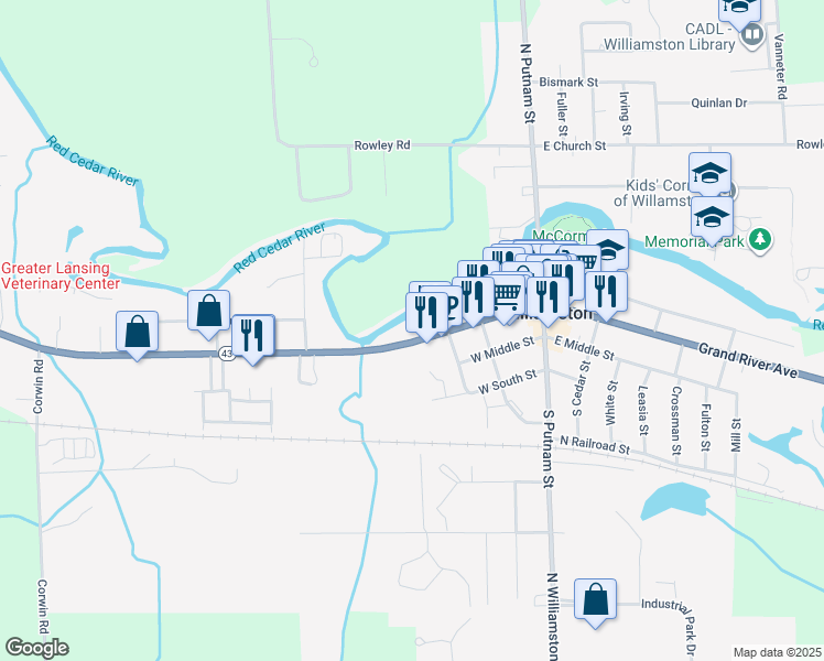 map of restaurants, bars, coffee shops, grocery stores, and more near 324 West Grand River Avenue in Williamston