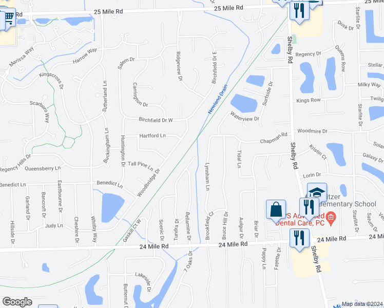 map of restaurants, bars, coffee shops, grocery stores, and more near 53663 Tundra Drive in Shelby charter Township