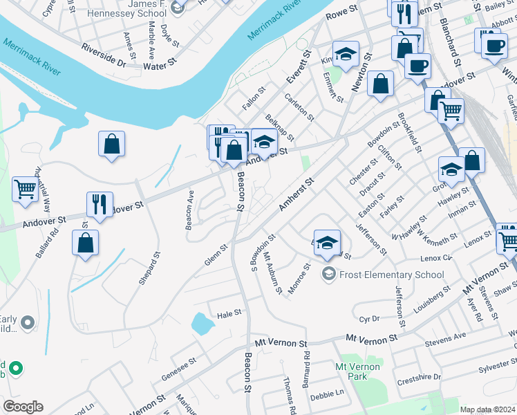 map of restaurants, bars, coffee shops, grocery stores, and more near 12 Diamond Street in Lawrence