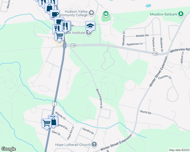 map of restaurants, bars, coffee shops, grocery stores, and more near 95 Bloomingrove Drive in Troy