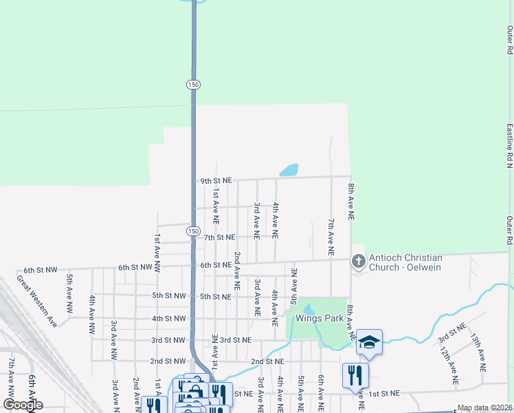 map of restaurants, bars, coffee shops, grocery stores, and more near 299 8th St NE in Oelwein
