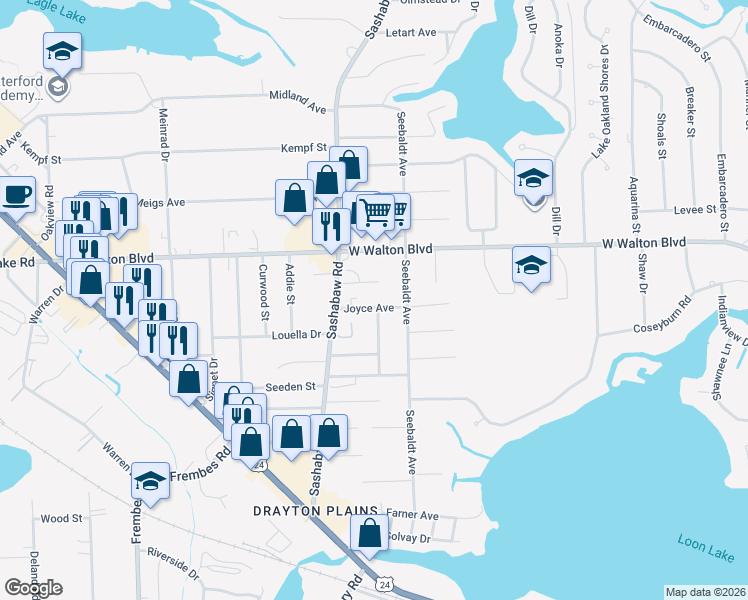 map of restaurants, bars, coffee shops, grocery stores, and more near 4220 Joyce Avenue in Waterford Township