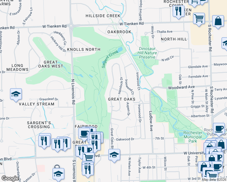 map of restaurants, bars, coffee shops, grocery stores, and more near 980 Great Oaks Boulevard in Rochester