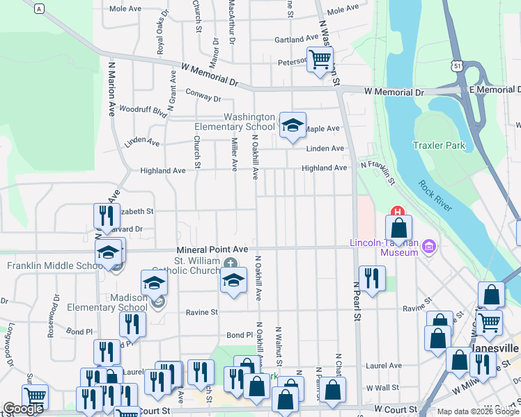 map of restaurants, bars, coffee shops, grocery stores, and more near 554 North Oakhill Avenue in Janesville