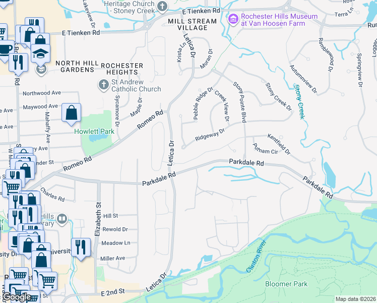 map of restaurants, bars, coffee shops, grocery stores, and more near 1154 Ridgeway Drive in Rochester