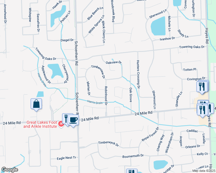 map of restaurants, bars, coffee shops, grocery stores, and more near 53438 Robinhood Drive in Macomb County