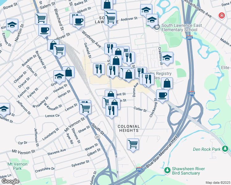 map of restaurants, bars, coffee shops, grocery stores, and more near 111 Common Street in Lawrence