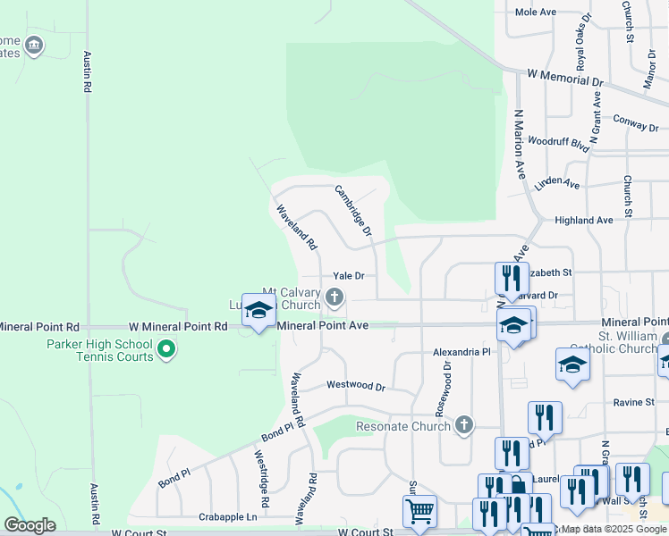map of restaurants, bars, coffee shops, grocery stores, and more near 2938 Yale Drive in Janesville