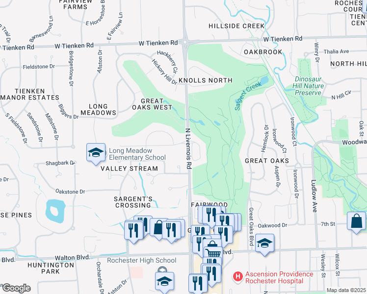 map of restaurants, bars, coffee shops, grocery stores, and more near 1307 Chestnut Lane in Rochester Hills