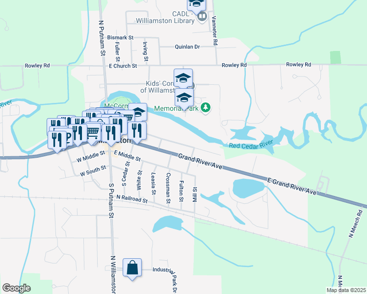 map of restaurants, bars, coffee shops, grocery stores, and more near 616 High Street in Williamston