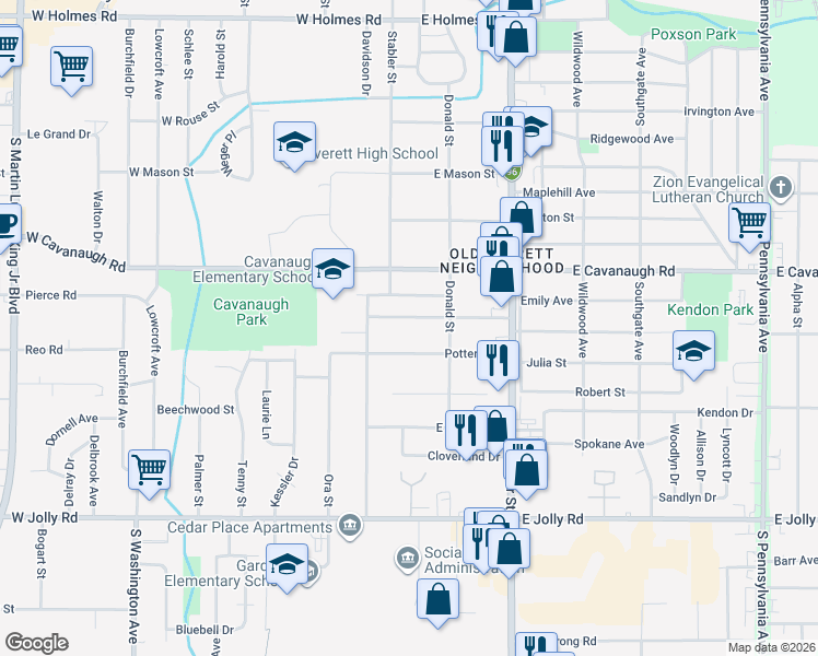 map of restaurants, bars, coffee shops, grocery stores, and more near 114 East Everettdale Avenue in Lansing
