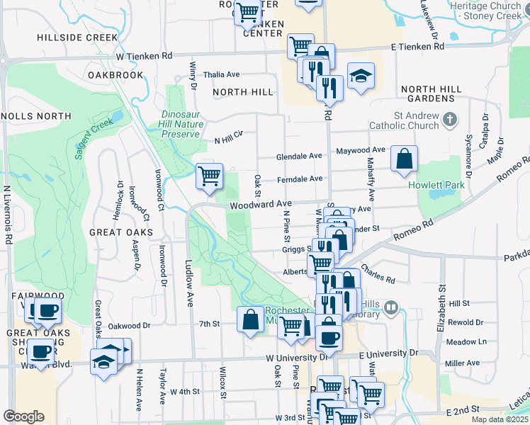 map of restaurants, bars, coffee shops, grocery stores, and more near 313 Woodward Avenue in Rochester