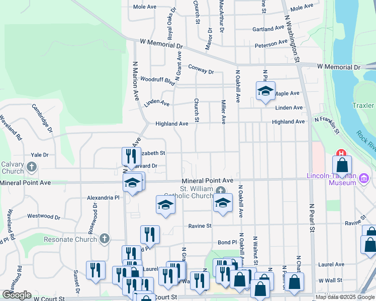 map of restaurants, bars, coffee shops, grocery stores, and more near 2104 Elizabeth Street in Janesville