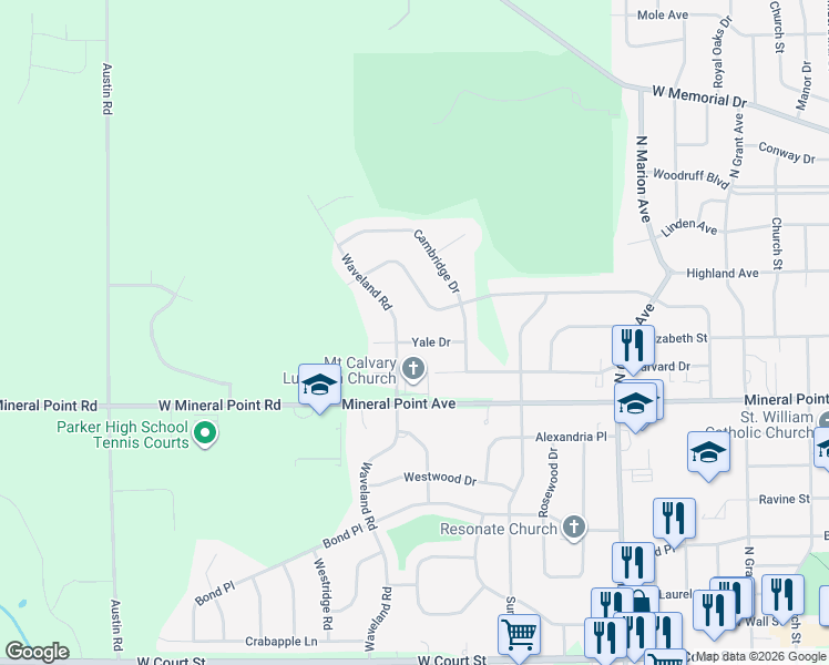 map of restaurants, bars, coffee shops, grocery stores, and more near 2938 Yale Drive in Janesville