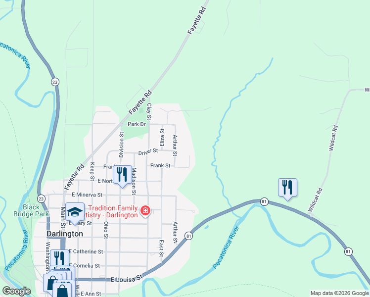 map of restaurants, bars, coffee shops, grocery stores, and more near 1239 Hillside Lane in Darlington