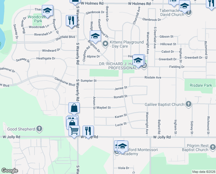 map of restaurants, bars, coffee shops, grocery stores, and more near 3530 Jerree Street in Lansing