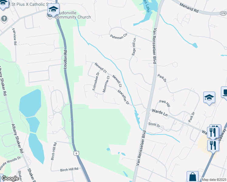 map of restaurants, bars, coffee shops, grocery stores, and more near 16 Macaffer Drive in Menands