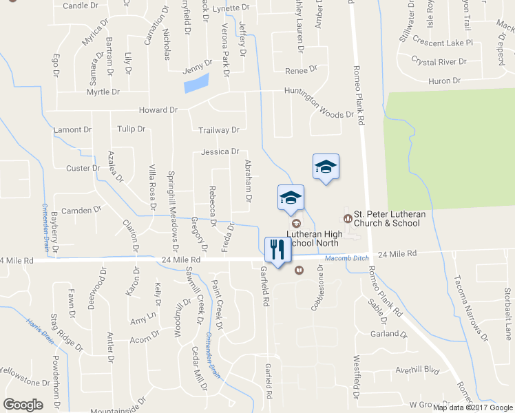 map of restaurants, bars, coffee shops, grocery stores, and more near 53178 Abraham Drive in Macomb