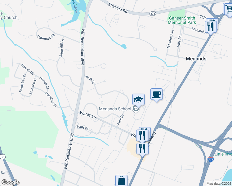 map of restaurants, bars, coffee shops, grocery stores, and more near 16 Park Drive in Menands