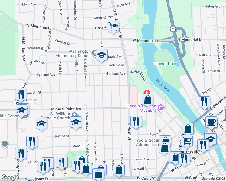 map of restaurants, bars, coffee shops, grocery stores, and more near 556 North Palm Street in Janesville