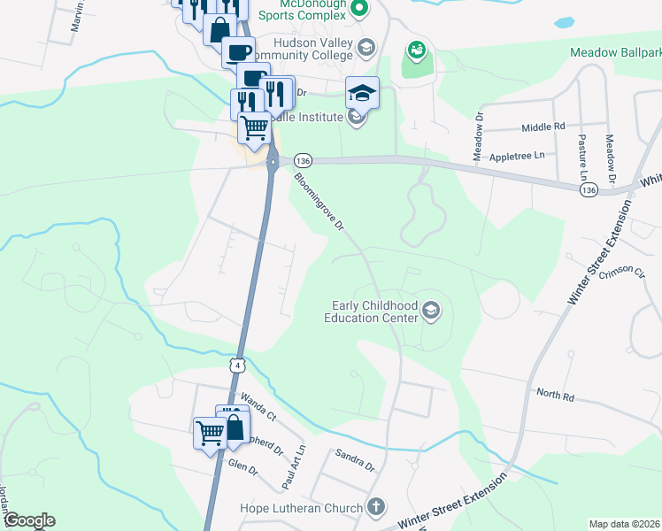 map of restaurants, bars, coffee shops, grocery stores, and more near 76 Bloomingrove Dr in Troy