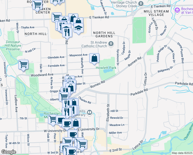 map of restaurants, bars, coffee shops, grocery stores, and more near 342 Terry Avenue in Rochester