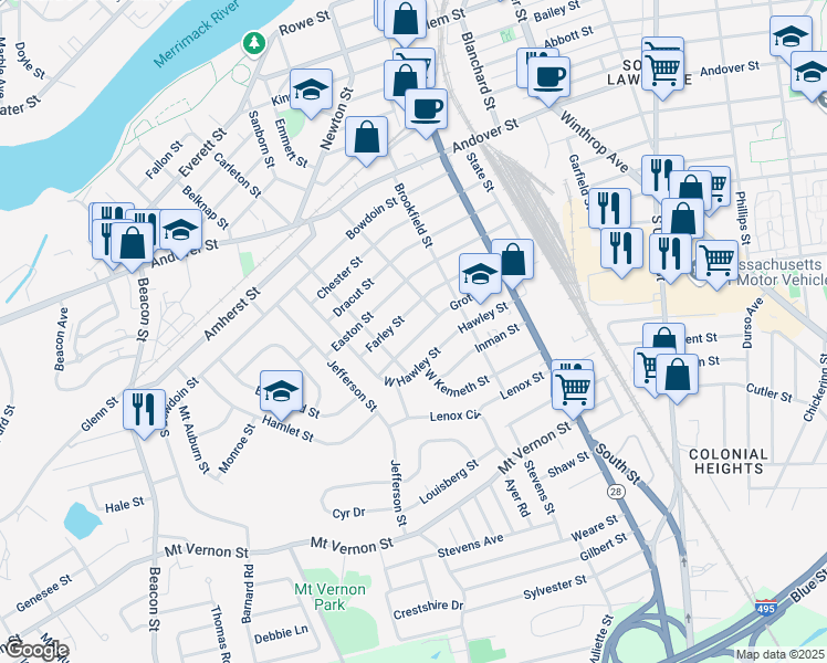 map of restaurants, bars, coffee shops, grocery stores, and more near 79 Groton Street in Lawrence