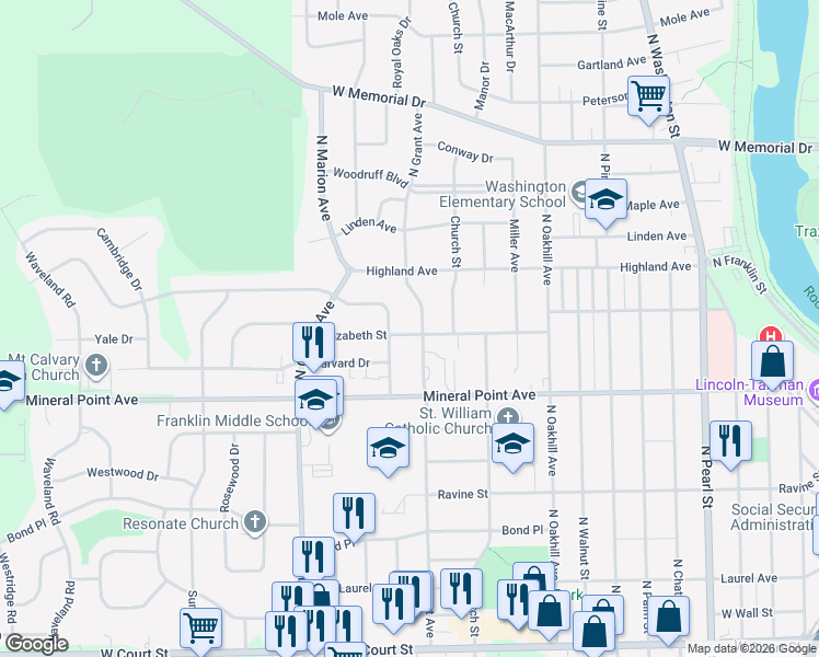 map of restaurants, bars, coffee shops, grocery stores, and more near 2206 Elizabeth Street in Janesville