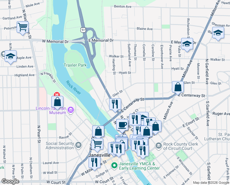 map of restaurants, bars, coffee shops, grocery stores, and more near 221 Glen Street in Janesville